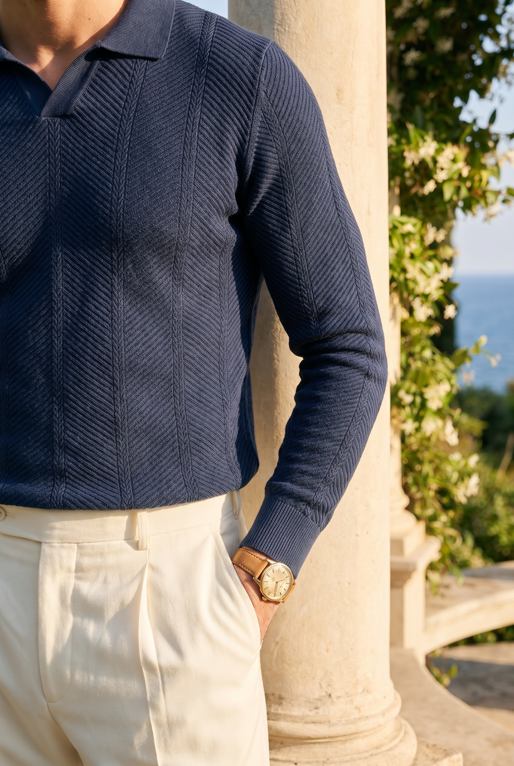 Old Money Long Sleeves Textured Cotton Polo Sweater