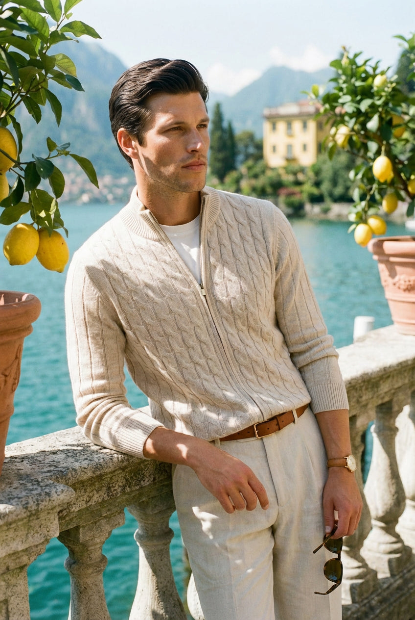 Old Money Slim Fit Long Sleeve Cable Knit Elegant Cardigan